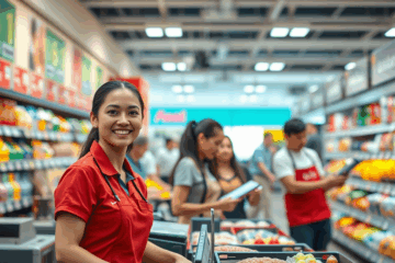 Un supermercato con lavoratori che assistono clienti e gestiscono le casse.