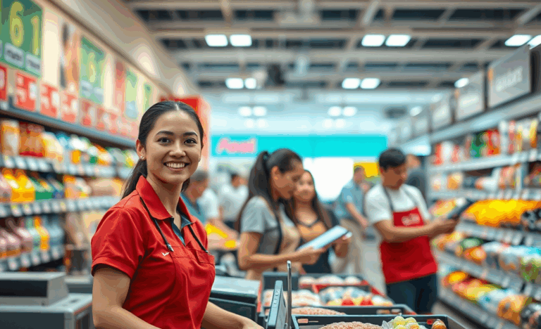 Un supermercato con lavoratori che assistono clienti e gestiscono le casse.
