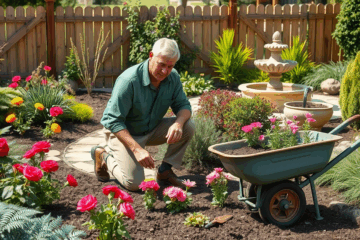 Giardiniere al lavoro mentre cura un giardino.