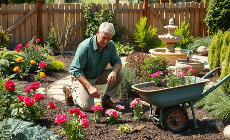 Giardiniere al lavoro mentre cura un giardino.