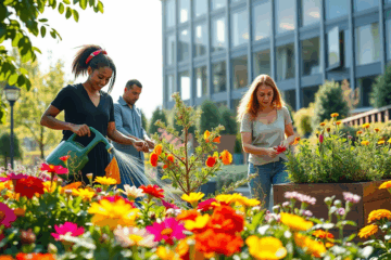 Immagine di un giardino aziendale che mostra i benefici del giardinaggio sul lavoro.