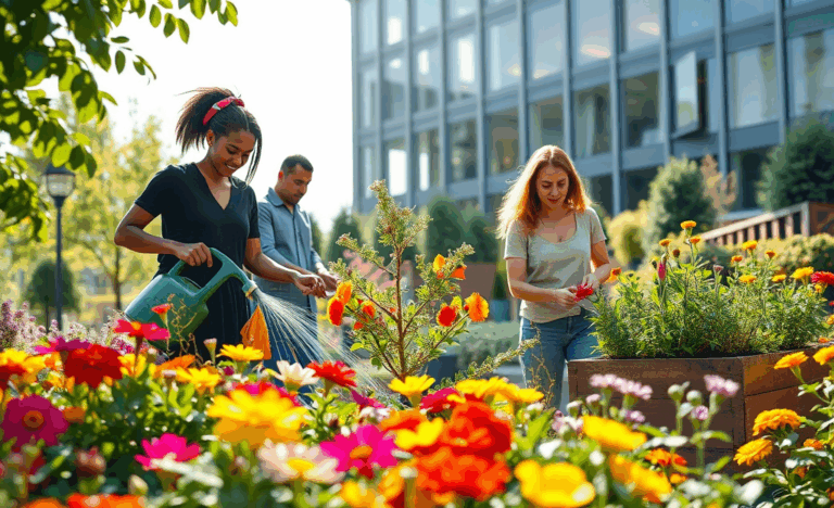 Immagine di un giardino aziendale che mostra i benefici del giardinaggio sul lavoro.