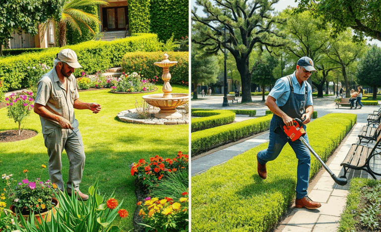 Un giardiniere al lavoro nel settore pubblico e privato del giardinaggio, evidenziando le differenze di guadagno.
