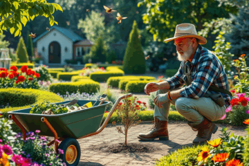 Un giardiniere e un paesaggista al lavoro nella natura, discutendo su stipendio e opportunità di carriera.