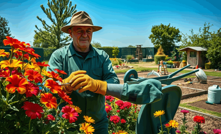 Un giardiniere al lavoro in un giardino curato