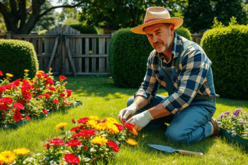 Un giardiniere al lavoro, circondato da piante e fiori, rappresentante il guadagno di un professionista nel settore del giardinaggio.