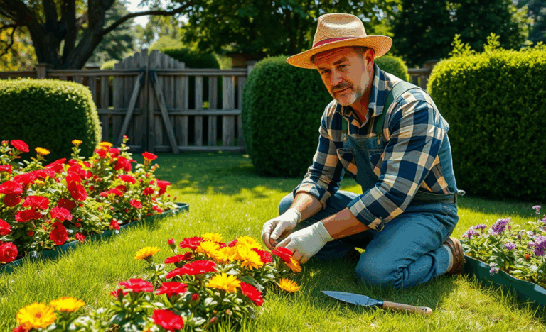 Un giardiniere al lavoro, circondato da piante e fiori, rappresentante il guadagno di un professionista nel settore del giardinaggio.