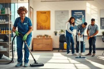 Lavoratore nel settore della pulizia che esamina salari e bonus.