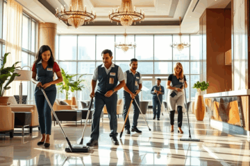 Un'immagine che rappresenta vari aspetti della pulizia commerciale e residenziale, evidenziando le opportunità lavorative nel settore.