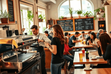 Barista al lavoro in una caffetteria con dettagli su stipendio e benefici.