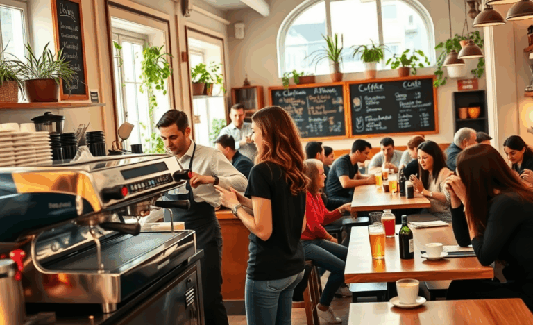 Barista al lavoro in una caffetteria con dettagli su stipendio e benefici.