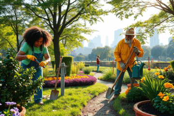 Giardinieri al lavoro nella manutenzione di un giardino urbano curato.