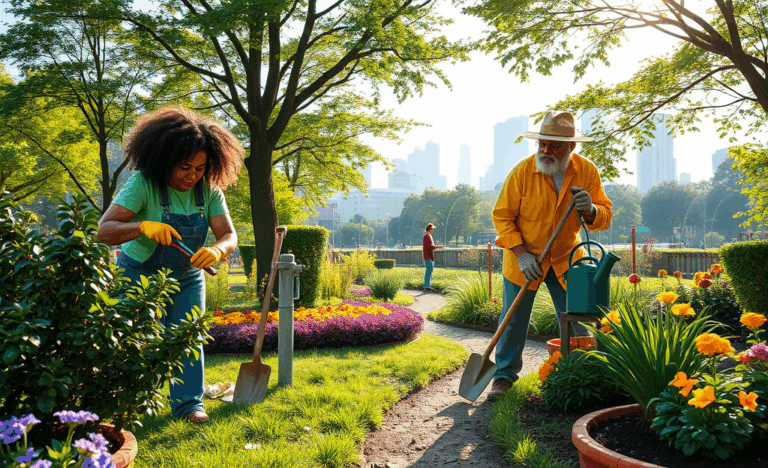 Giardinieri al lavoro nella manutenzione di un giardino urbano curato.